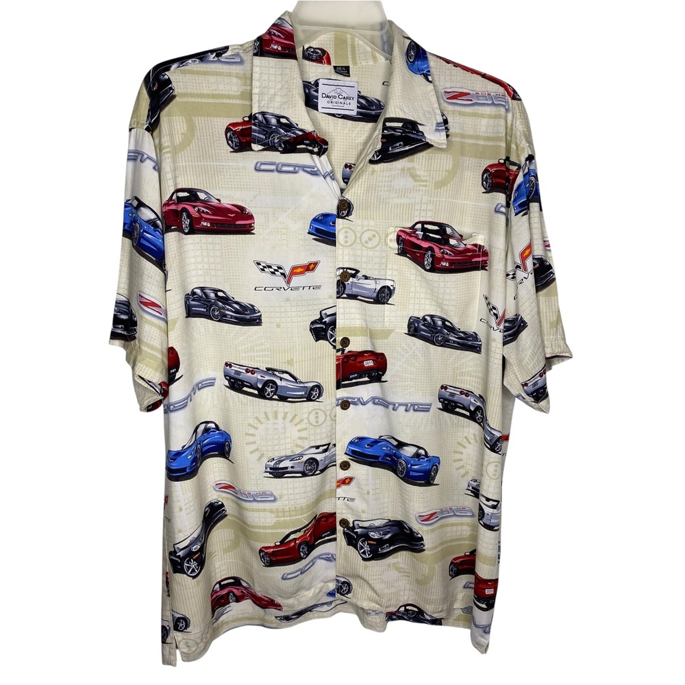 David Carey Originals Men XL Corvette Print Rayon Short Sleeve Button Down Shirt